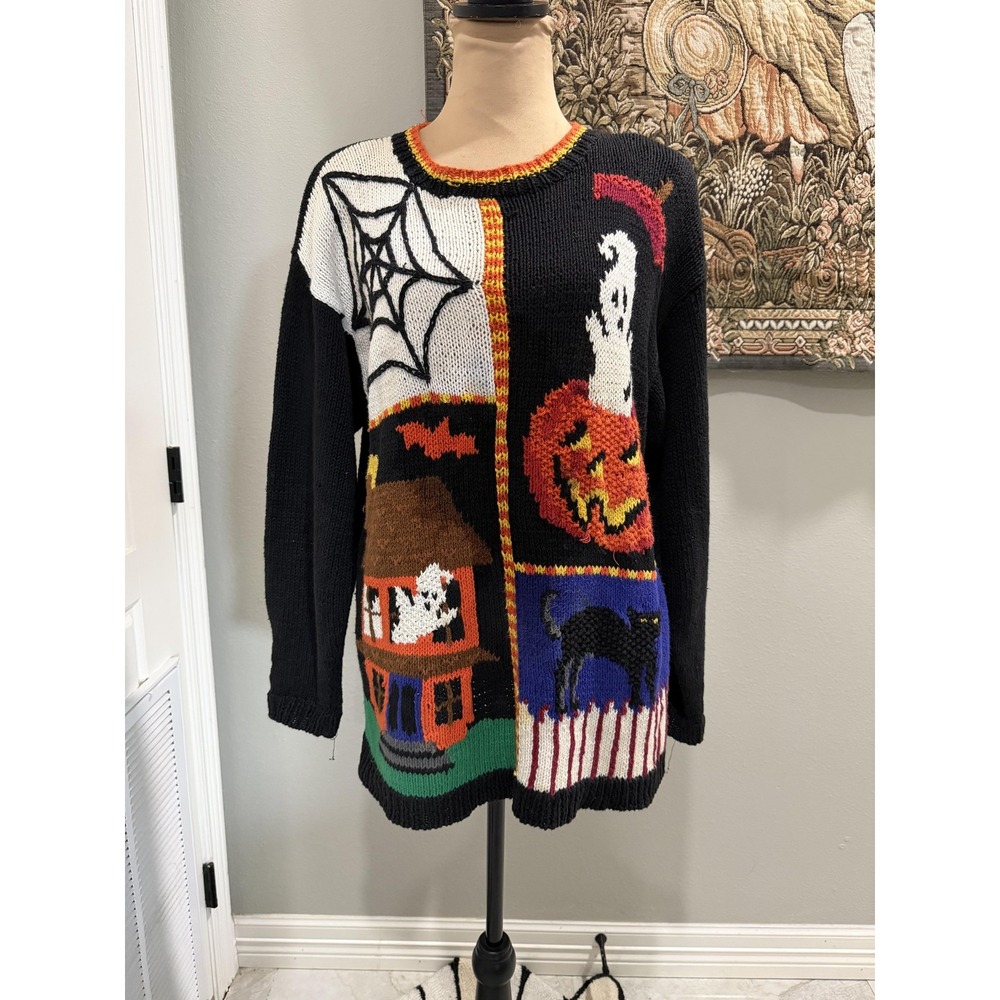 Karen Scott Sweater Womens Medium Black Halloween Ghost Pumpkin House Knit Cat
